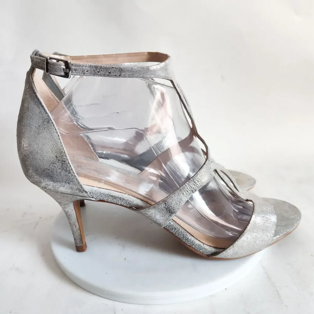 New Vince Camuto Sandals Size 10‎ Leather Silver Formal Strappy Heels Payto Gala
